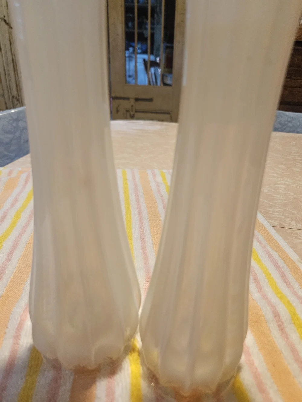 Opalescent White Scalloped Bud Vases — Pair